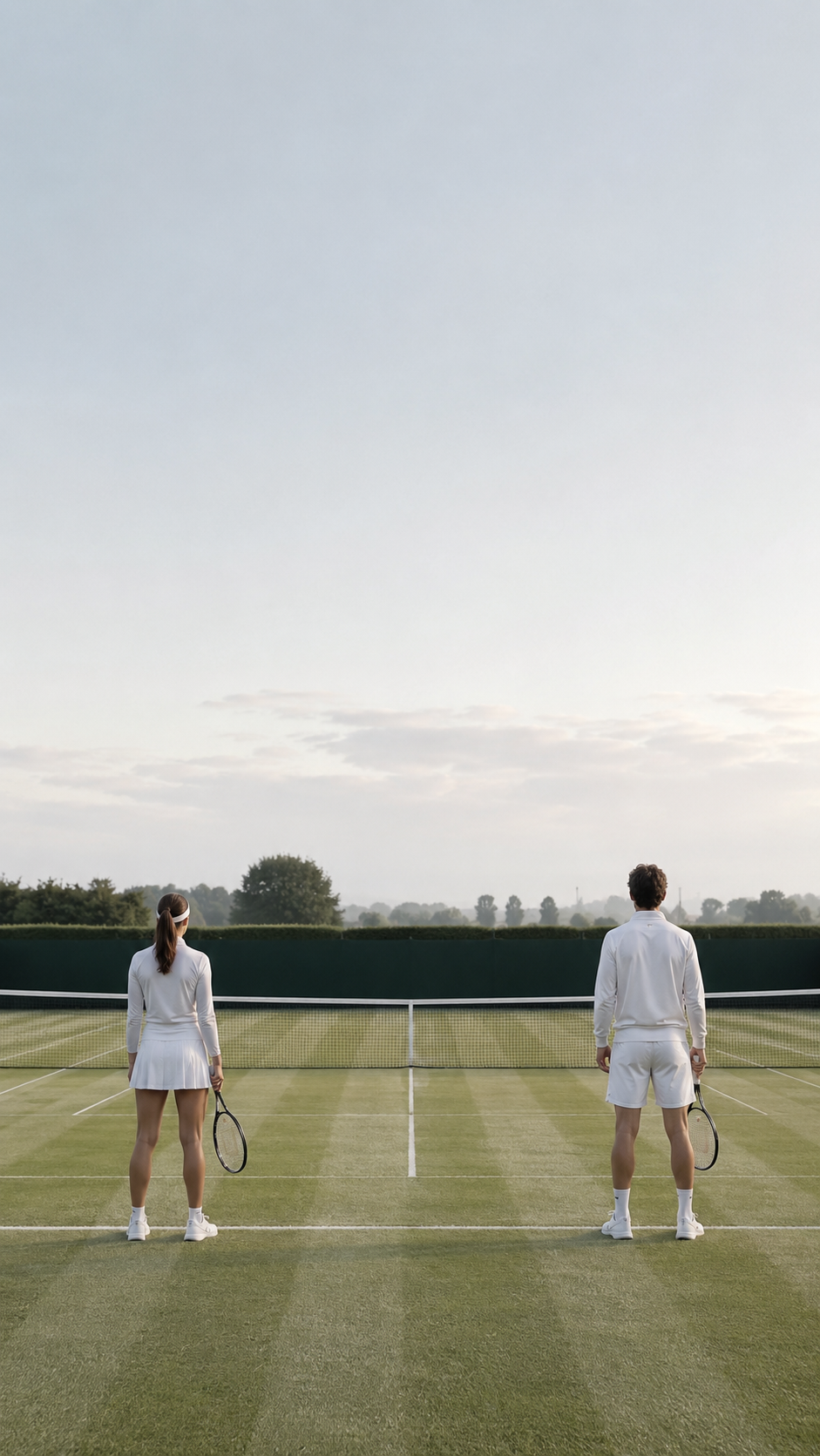 Two tennis players facing a court at dawn